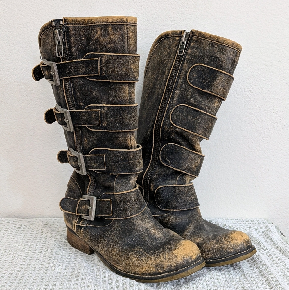 Circle G / Corral Distressed Black and Tan Buckle Biker Cowboy Boots US 10.5